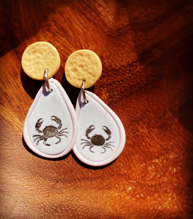 Crab Nautical Polymer Clay Dangle Earrings