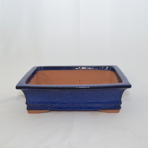 May include: A square blue bonsai pot with a brown clay interior. The pot has a slightly raised rim and a textured glaze.