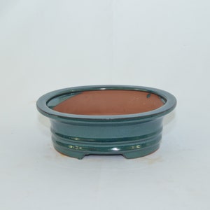 May include: A teal glazed oval bonsai pot with a brown unglazed interior. The pot has a rounded base with three small feet.