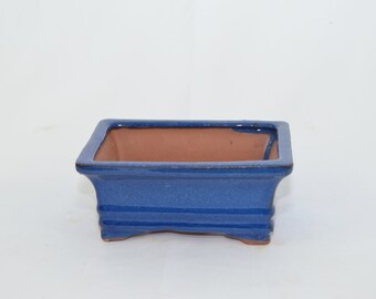 May include: A square blue bonsai pot with a brown clay interior. The pot has a glazed finish and four small feet.