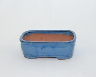 May include: A rectangular blue ceramic bonsai pot with a brown clay interior. The pot has a slightly rounded shape and four small feet.