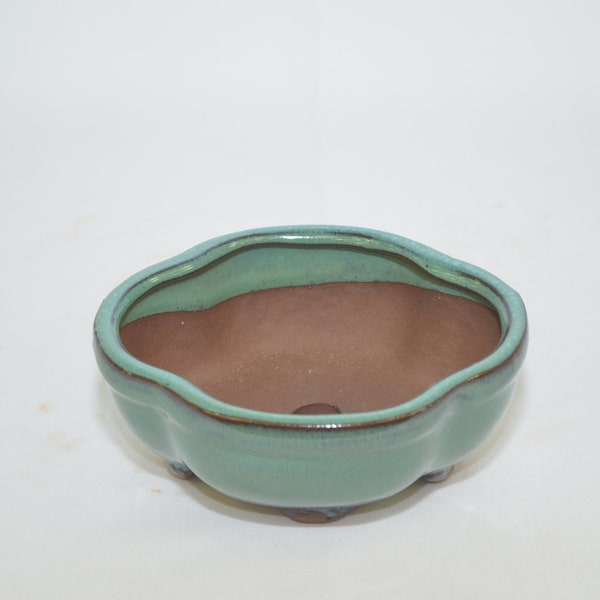 Bonsai ceramic pot 5",  green color, lotus shape with draining holes.