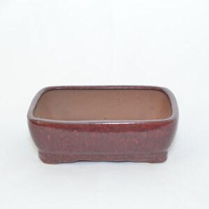 May include: A square, red-brown ceramic bonsai pot with a slightly rounded rim and a textured surface.