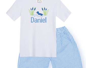 Personalized Boys Duck Shirt: Gingham Shorts Summer Outfit