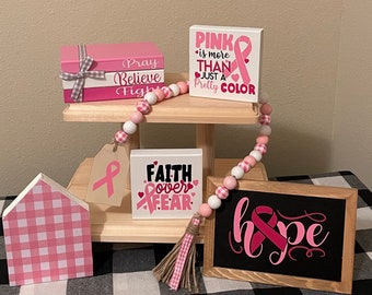 Tiered tray decor, Breast Cancer Awareness tiered tray, Pink tiered tray decor, shelf decor, bead garland, stacked books, chalkboard sign