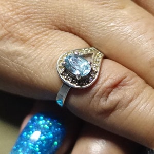 Natural Blue Zircon Ring, Sterling Silver Solitaire Ring, Pinky Ring with oval Cut Blue Zircon and CZ handmade silver ring, unique - Size 5