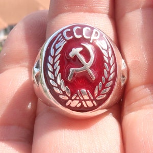Communist Silver Ring Vintage Soviet CCCP Hammer Sickle Political Statement Jewelry Handcrafted Sterling Retro Design