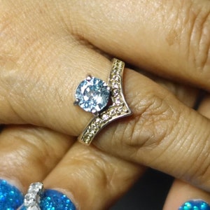 Blue Zircon Birthstone Ring, Sterling Silver Solitaire Ring, round Cut Blue Zircon and 15 CZ handmade silver ring, V-Shape Ring - Size 5.75