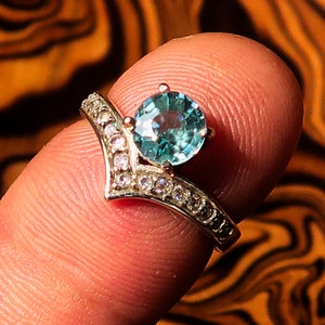 Natural Blue Zircon Ring, Handmade Sterling Silver Ring,  Solitaire Ring with round Cut Blue Zircon and CZ, gift for her - Size 4.75