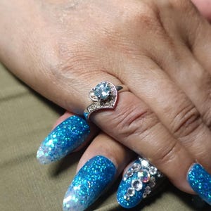 Natural Blue Zircon Ring, Heart shaped Gemstone Sterling Silver Solitaire Ring with round Cut Blue Zircon and CZ, handmade ring - Size 6.5