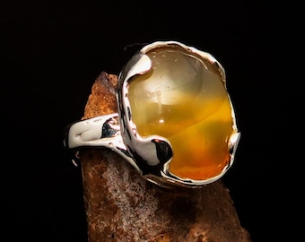 Yellow Agate Ring, Artistic Ring, Sterling Silver Ring, Artwork Ring, oval yellow Agate Cabochon, Handmade Jewelry, Gift for Her - Size 7