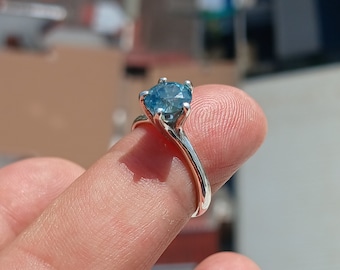 Blue Zircon Ring, Sterling Silver Ring, Blue Gemstone Ring, Solitaire Ring, Natural Blue Zircon, Gift for Her, Unique Design - Size 5.5