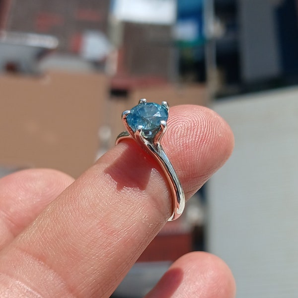 Blue Zircon Ring, Sterling Silver Ring, Blue Gemstone Ring, Solitaire Ring, Natural Blue Zircon, Gift for Her, Unique Design - Size 5.5