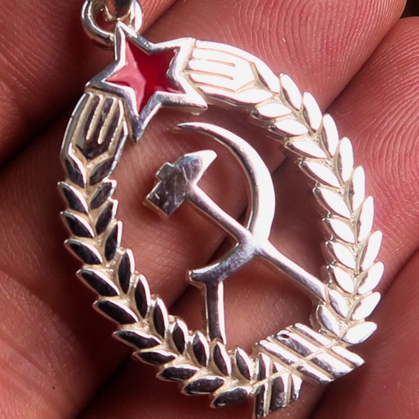 Red Star Sterling Silver Communist Crest Pendant Hammer and Sickle