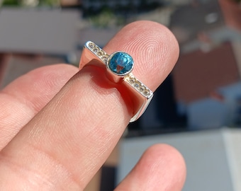 Blue Zircon Ring, Natural Gemstone Ring, Sterling Silver Ring, Solitaire Band Ring, oval Cut Blue Zircon, 8 white CZ, gift for her - Size 6