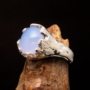 Anel artístico de calcedônia azul - Joia exclusiva com pedras preciosas, tamanho 9,5 - Anel exclusivo de prata com calcedônia azul
