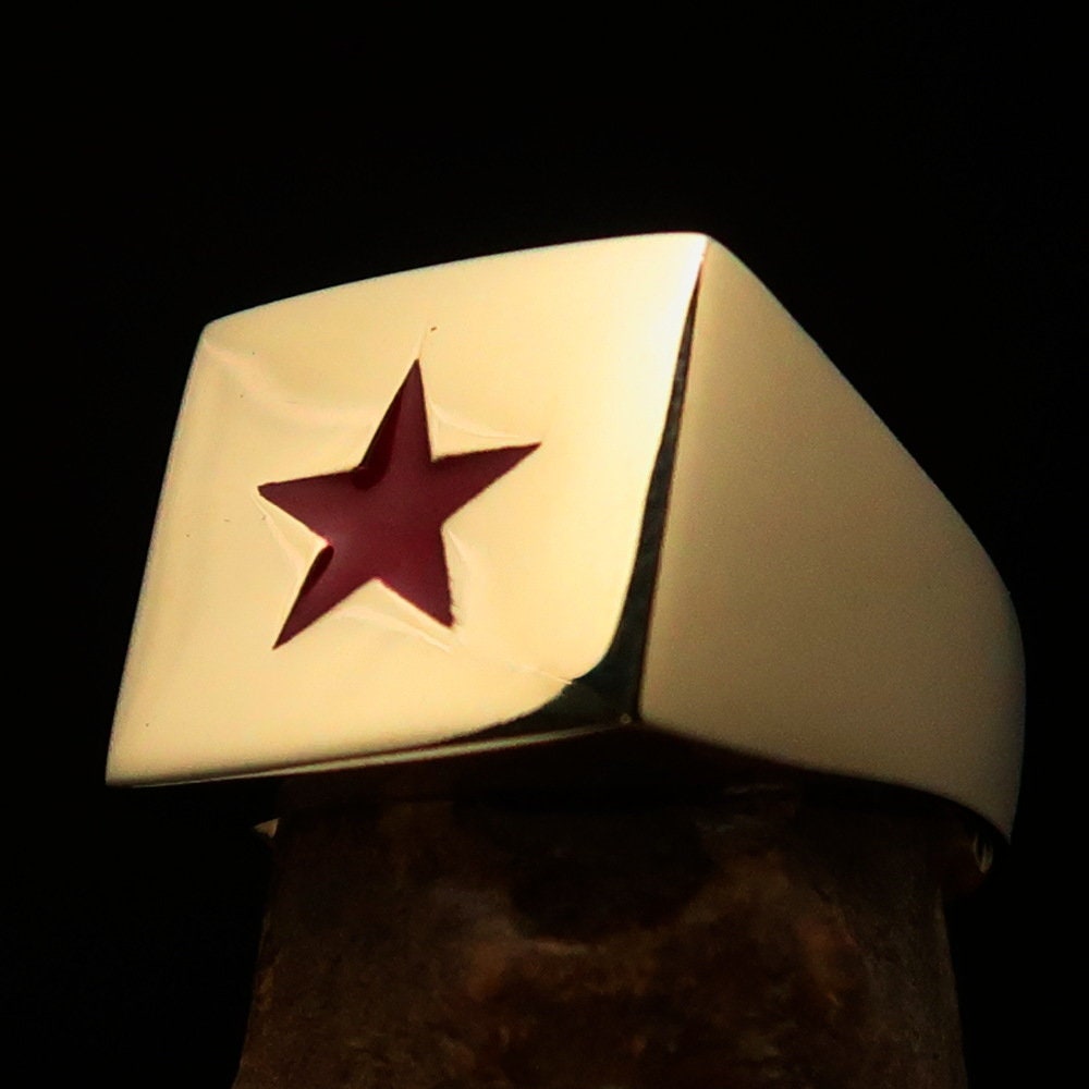 Red Star Square Men's Socialist Red Star Square Brass Ring - Communist Minimalist Pinky ...