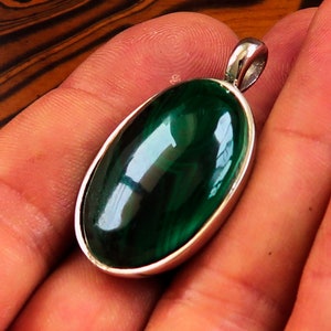 Minimalist Malachite Pendant, Elegant Malachite Necklace with Sterling Silver Pendant - Green Malachite Amulet in Minimalist Sterling Silver