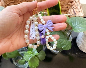 Handmade Cute White Lace Key Fob Pearl Candy Beads Purple Ribbon Beads Velvet Ribbon  Keychain Gold  Keyring #11