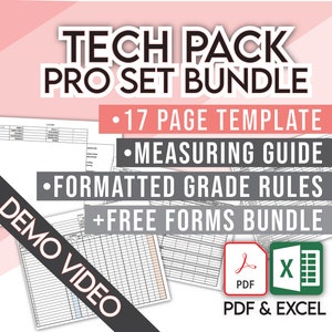Op de afbeelding: Tech Pack Pro Set Bundle, een 17-pagina template voor het maken van tech packs. Inclusief een meetgids, geformatteerde maatregels en een gratis formulierenbundel. Beschikbaar in PDF- en Excel-formaten.