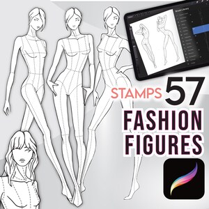 53 PROCREATE FASHION FIGURES Stamps • 9-Head Female Body Sketch Pose Templates -  .Brushset + Png files + Free Hair Pack + Bonus!