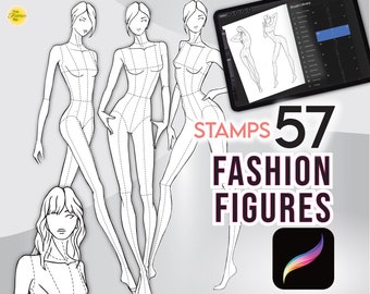 53 PROCREATE FASHION FIGURES Stamps • 9-Head Female Body Sketch Pose Templates -  .Brushset + Png files + Free Hair Pack + Bonus!