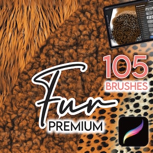 May include: A digital illustration of 105 fur texture brushes for digital art. The image features a variety of fur textures, including leopard, cheetah, and tiger. The text "Fun Premium" and "105 Brushes" is displayed on the image.