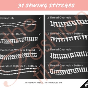 May include: A black and white illustration of 31 different sewing stitches on a black background. The stitches are labeled with their names, such as "3N Coverstitch" and "2 Thread Overlock". The text "ALL FILES ARE FOR PERSONAL/NON-COMMERCIAL USE ONLY" is at the bottom of the image.
