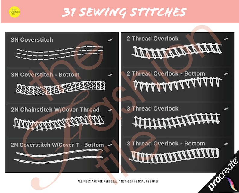 May include: A black and white illustration of 31 different sewing stitches on a black background. The stitches are labeled with their names, such as "3N Coverstitch" and "2 Thread Overlock". The text "ALL FILES ARE FOR PERSONAL/NON-COMMERCIAL USE ONLY" is at the bottom of the image.