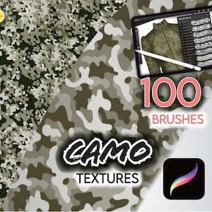 May include: A digital illustration of 100 camouflage brushes for use in digital art programs. The image shows a tablet screen with a jacket design and a brush library. The text "100 Brushes" is in pink and the text "CAMO TEXTURES" is in black. The image also shows a small icon of a paintbrush.
