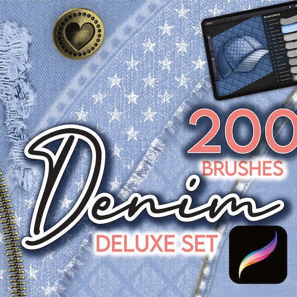 200 PROCREATE DENIM Brush Set • Textures 3D Effects Realistic Buttons Trims Zippers Patches & Stitches • Fashion Fabric Brushes Illustration