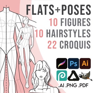May include: A set of 22 fashion design templates featuring 10 figures, 10 hairstyles, and various poses. The templates are available in AI, PNG, and PDF formats. The image shows a black and white line drawing of a female figure with a long skirt.