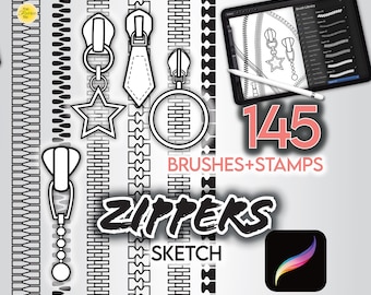 145 PROCREATE FASHION BRUSHES • 96 Zipper Pull Stamps + 49 Zipper Teeth Brushes • Brushset Files Procreate Designer Brush Anime