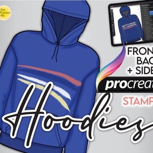 May include: Blue hoodie with a white, yellow, and red brushstroke design. The text "Hoodies" is written in black across the bottom of the image. The text "FRONT, BACK + SIDES procreate STAMPS" is written in white on a pink background in the upper right corner of the image.