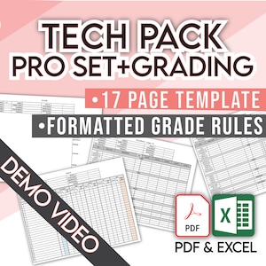 FASHION TECH PACK • 17 Pages Professional Set Includes Free Demo + Video Tutorial • 100s of POMs & Grading Rules Men and Women