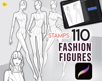 Könnte beinhalten: 110 Stempel mit Modefiguren für die digitale Illustration. Das Bild zeigt vier Modefiguren in verschiedenen Posen, mit einem Tablet, auf dem eine Pinselbibliothek und der Text "STAMPS 110 FASHION FIGURES" angezeigt werden.