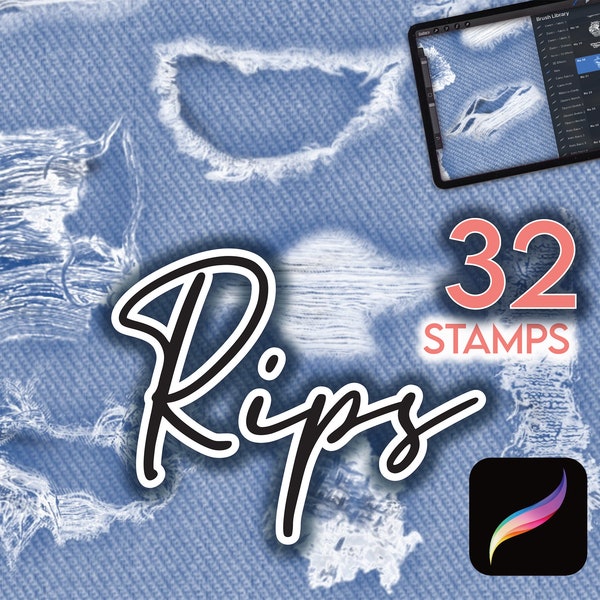 32 PROCREATE FABRIC RIPS • Procreate Stamps Textile Distress Effects Rips Holes Frayed Vintage Denim Fashion Design Clothes Anime Manga