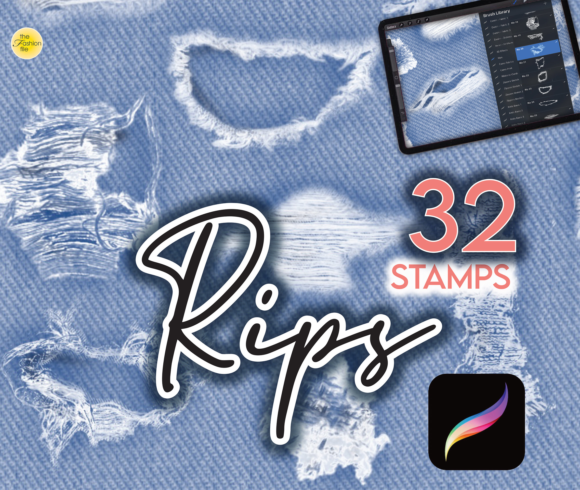 32 sellos de roturas de tela para Procreate – Desgarros de denim realistas, agujeros y hilos deshilachados para arte de moda y manga