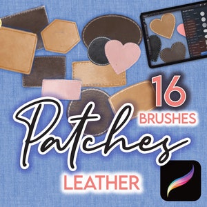 Pode incluir: Uma ilustração digital de 16 patches de couro em vários formatos e tamanhos. Os patches são marrons, bege e rosa. O texto "16 Pincéis" e "Patches de Couro" é exibido na imagem. A imagem também inclui um ícone do aplicativo Procreate.