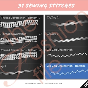 May include: A black and white graphic showing 31 different sewing stitches. The stitches are labeled with their names, such as "ZigZag 1", "ZigZag 2", "ZigZag 3", "Zig Zag Chainstitch", "Zig Zag Chainstitch - Bottom", "3N 5 Thread Coverstitch - Bottom", "4N 6 Thread Coverstitch", and "4N 6 Thread Coverstitch - Bottom". The text "ALL FILES ARE FOR PERSONAL/NON-COMMERCIAL USE ONLY" is at the bottom of the graphic.