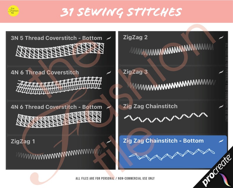 May include: A black and white graphic showing 31 different sewing stitches. The stitches are labeled with their names, such as "ZigZag 1", "ZigZag 2", "ZigZag 3", "Zig Zag Chainstitch", "Zig Zag Chainstitch - Bottom", "3N 5 Thread Coverstitch - Bottom", "4N 6 Thread Coverstitch", and "4N 6 Thread Coverstitch - Bottom". The text "ALL FILES ARE FOR PERSONAL/NON-COMMERCIAL USE ONLY" is at the bottom of the graphic.