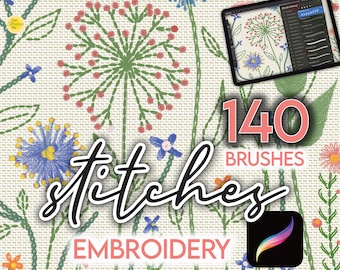 140 PROCREATE STITCHES BRUSHES • Haft Moda Haft Dekoracyjny Szycie Kwiatowy Geometryczny Obramowanie + więcej