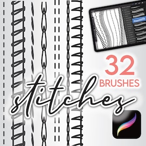 31 PINCEAUX MODE PROCREATE • Points pour croquis à plat Aiguille simple et double, point de recouvrement, surjet et plus • Jeu de fichiers + Bonus gratuit !