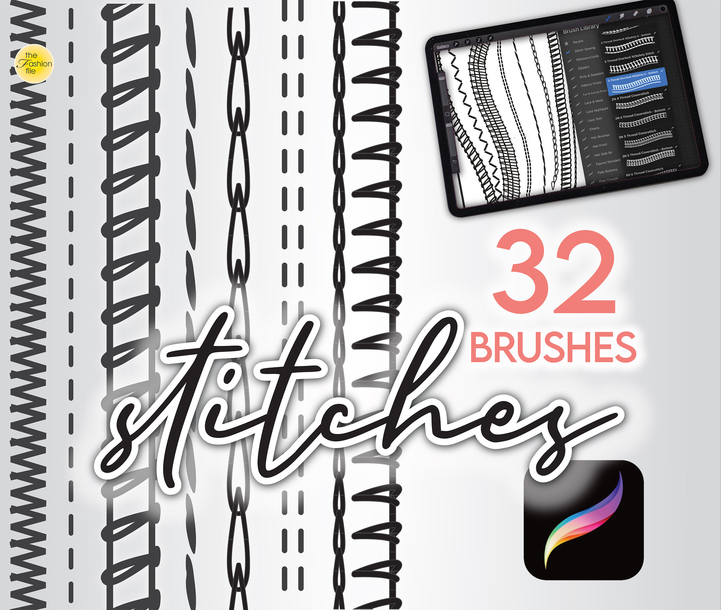 31 PROCREATE FASHION BRUSHES • Stitches for Flat Sketches Single & Double Needle, Coverstitch, Overlock +more • Brushset Files + Free Bonus!