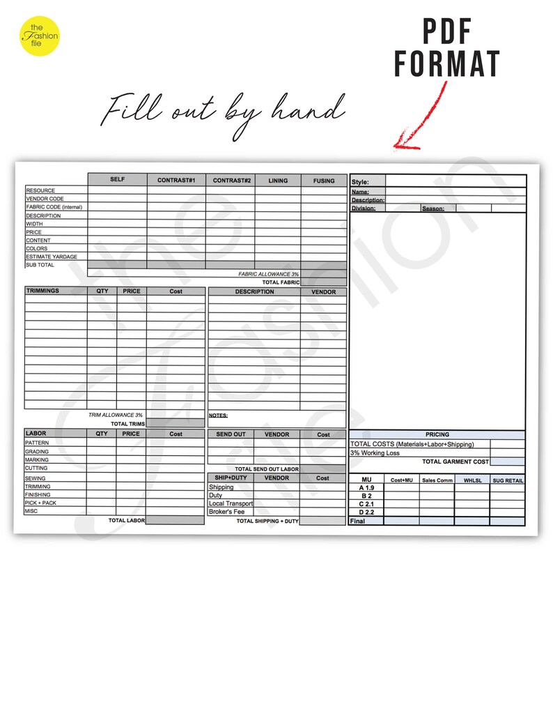 Fashion Designer FORMS TEMPLATES PACK Cost Sheet Pattern Etsy