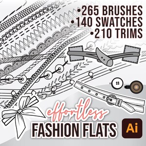 240 BRUSHES 140 SWATCHES 220 TRIMS for Fashion Flats • Adobe Illustrator: Stitches, Trims, Rib, Knit, Braids, Fur, Ruffles, Buttons, Ties