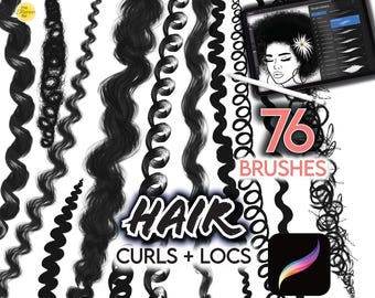 75 CEPILLOS PARA CABELLO PROCREATE Rizado, ensortijado, ensortijado, ondulado • Cabello negro afroamericano Anime realista + Archivos gratuitos del conjunto de pinceles para trenzas y rastas