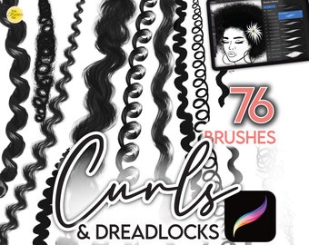 75 CEPILLOS PARA EL CABELLO PROCREATE Rizado, rizado, rizado, ondulado • Cabello negro afroamericano Anime realista + Archivos de pinceles para trenzas y rastas gratis