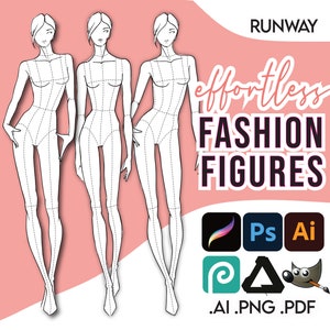 May include: Three fashion figures with dotted lines for sketching clothing designs. The figures are in various poses and are outlined in black. The text "RUNWAY effortless FASHION FIGURES" is at the top of the image. The text ".AI .PNG .PDF" is at the bottom of the image.