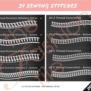 May include: A black and white illustration of 31 different sewing stitches, including 4 thread overlock with safety stitch, 2N 4 thread coverstitch, 5 thread overlock with safety stitch, and 3N 5 thread coverstitch. The text "31 SEWING STITCHES" is at the top of the image. The text "ALL FILES ARE FOR PERSONAL/NON-COMMERCIAL USE ONLY" is at the bottom of the image.